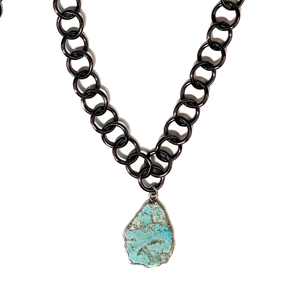NEW - Handmade NYC Gunmetal Chain Necklace w Real Turquoise Gemstone Pendant 20”